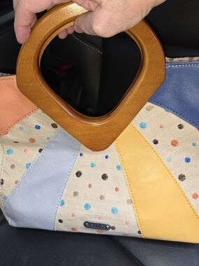 Relic Multicolor Polka Dot Patchwork Handbag with Wooden Handle